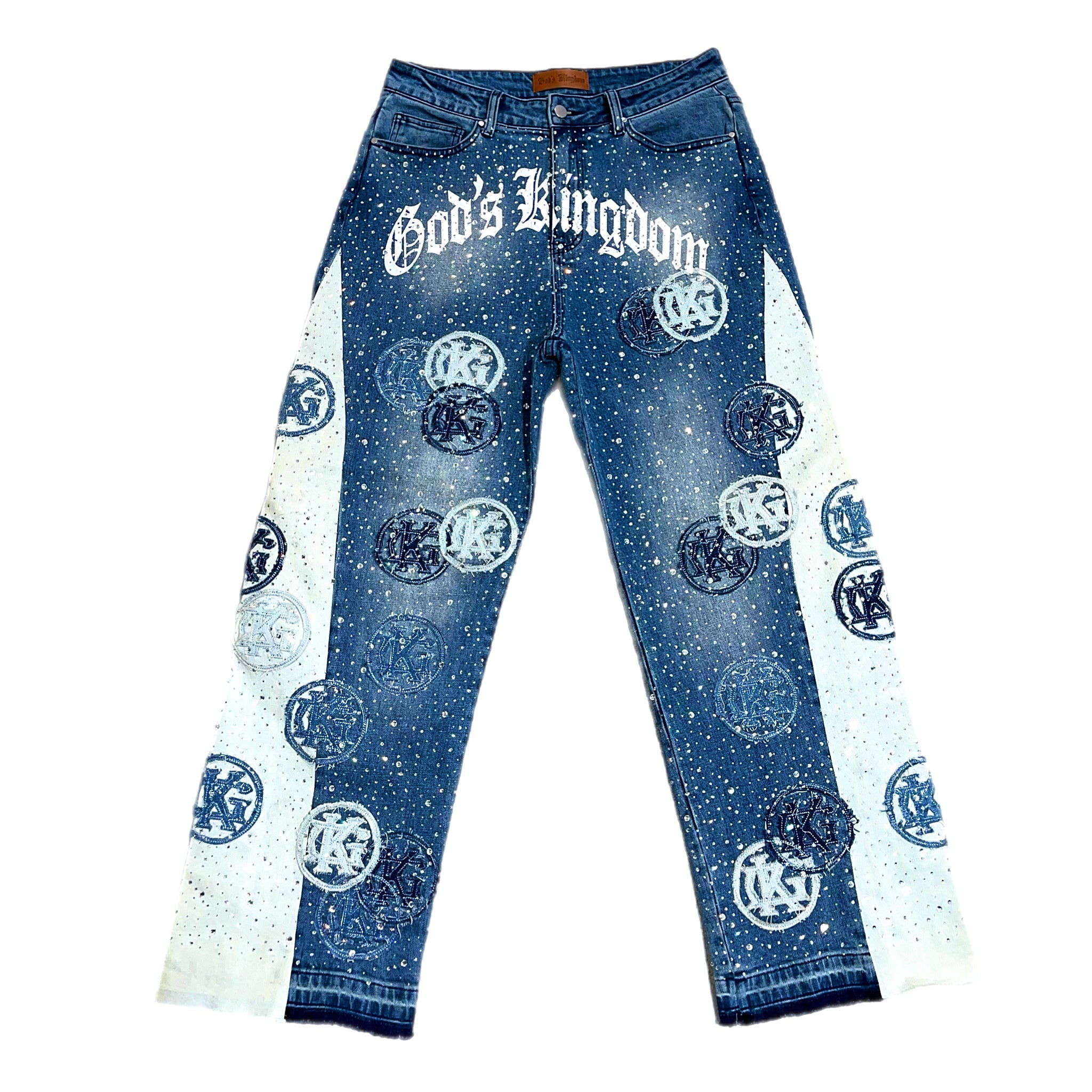 "Divinity" Denim Patchwork All Over Rhinestone Baggy Jeans